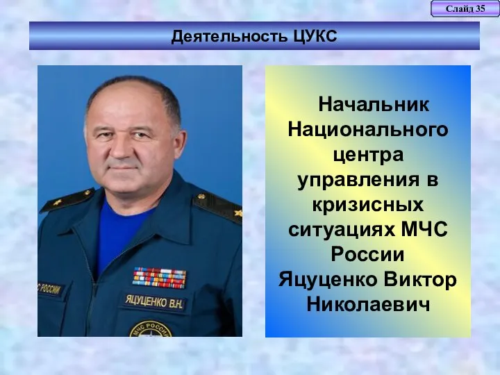 Слайд 35 Деятельность ЦУКС Начальник Национального центра управления в кризисных ситуациях МЧС России Яцуценко Виктор Николаевич