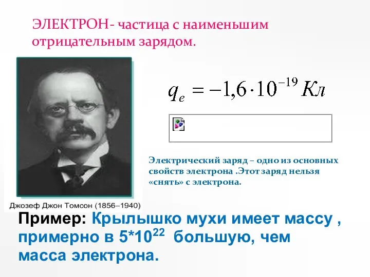 ЭЛЕКТРОН- частица с наименьшим отрицательным зарядом. Электрический заряд – одно из