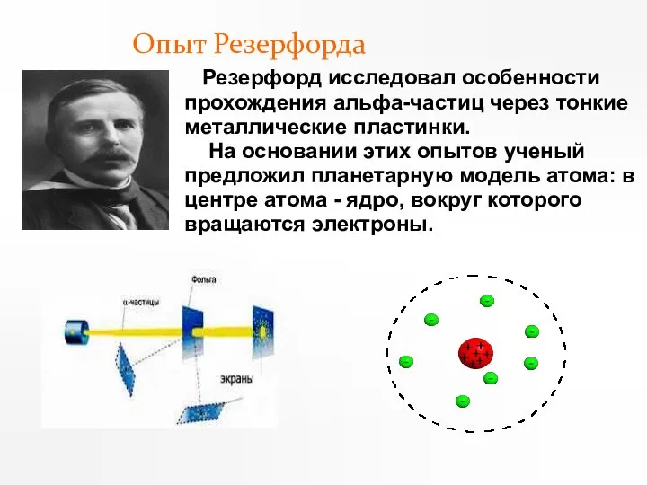 Резерфорд исследовал особенности прохождения альфа-частиц через тонкие металлические пластинки. На основании