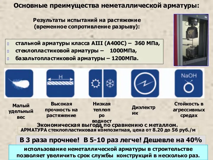 Основные преимущества неметаллической арматуры: В 3 раза прочнее! В 5-10 раз