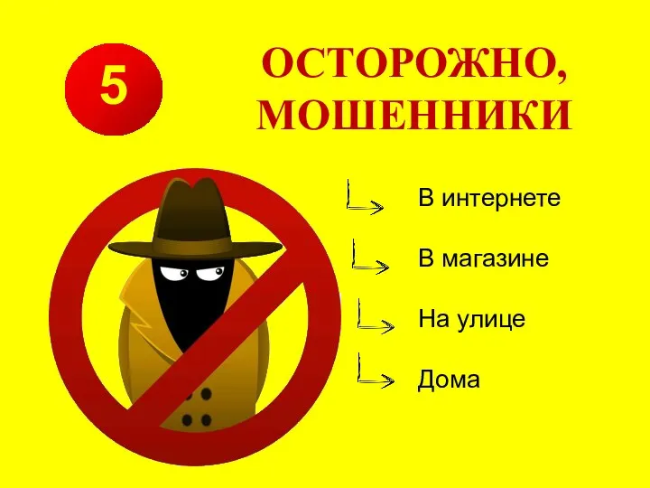 5 ОСТОРОЖНО, МОШЕННИКИ В интернете В магазине На улице Дома