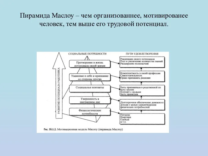 Пирамида Маслоу – чем организованнее, мотивированее человек, тем выше его трудовой потенциал.