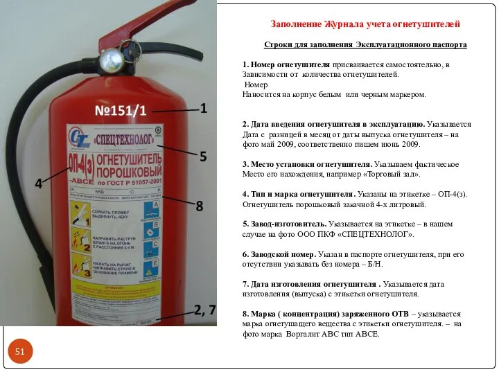 Заполнение Журнала учета огнетушителей Строки для заполнения Эксплуатационного паспорта 1. Номер