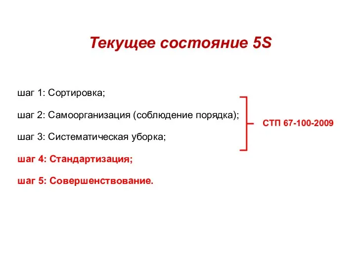 Текущее состояние 5S шаг 1: Сортировка; шаг 2: Самоорганизация (соблюдение порядка);