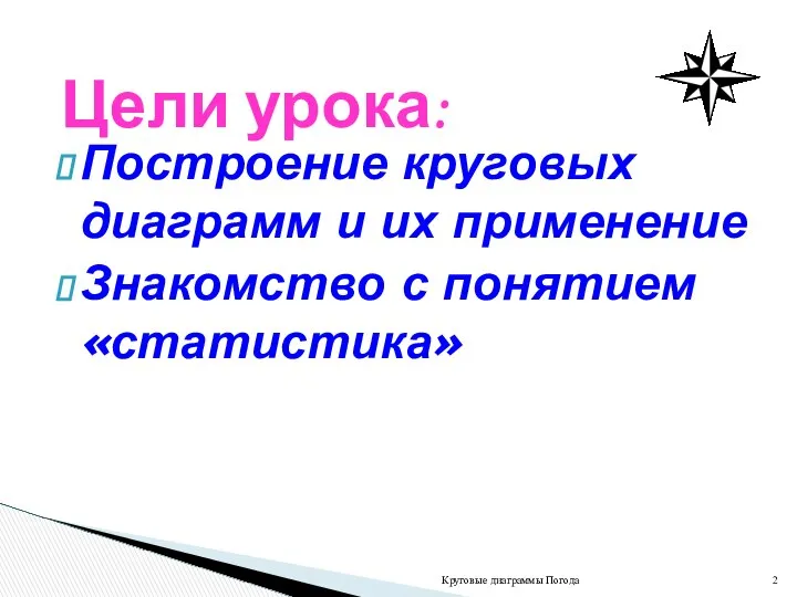 Построение круговых диаграмм и их применение Знакомство с понятием «статистика» Круговые диаграммы Погода Цели урока: