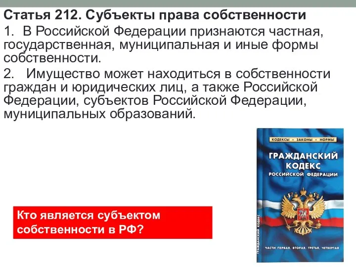 Статья 212. Субъекты права собственности 1. В Российской Федерации признаются частная,