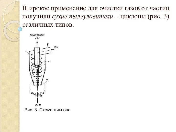 Широкое применение для очистки газов от частиц получили сухие пылеуловители –