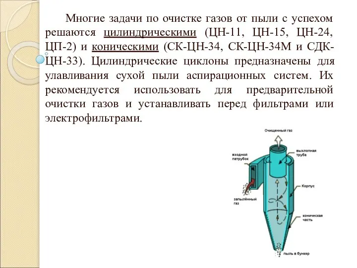 Многие задачи по очистке газов от пыли с успехом решаются цилиндрическими