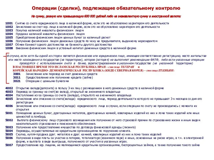 Операции (сделки), подлежащие обязательному контролю На сумму, равную или превышающую 600