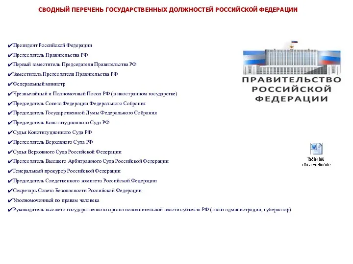 СВОДНЫЙ ПЕРЕЧЕНЬ ГОСУДАРСТВЕННЫХ ДОЛЖНОСТЕЙ РОССИЙСКОЙ ФЕДЕРАЦИИ Президент Российской Федерации Председатель Правительства