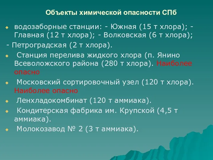 Объекты химической опасности СПб водозаборные станции: - Южная (15 т хлора);