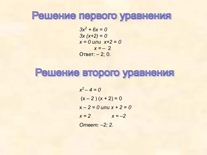 Решение первого уравнения 3х2 + 6х = 0 3х (х+2) =