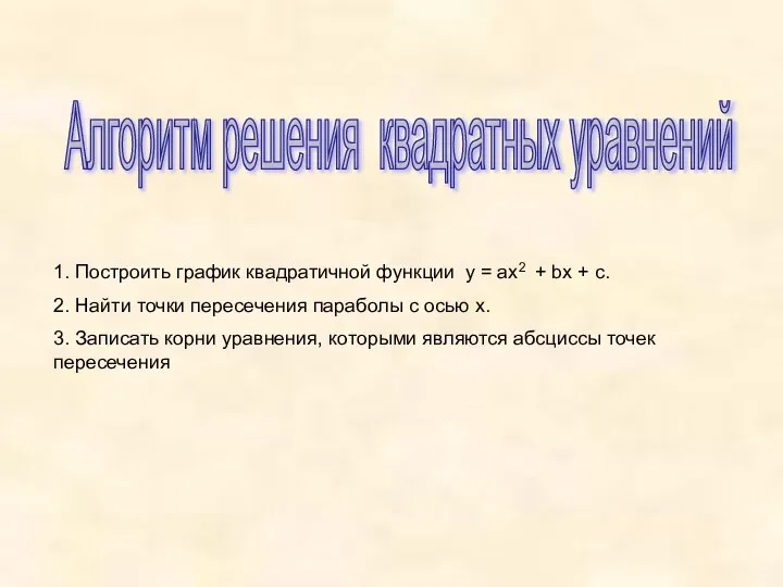 Алгоритм решения квадратных уравнений 1. Построить график квадратичной функции у =