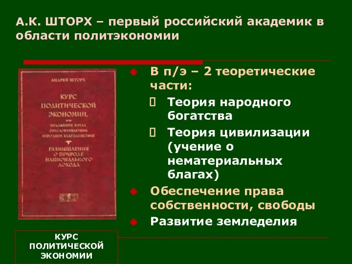 А.К. ШТОРХ – первый российский академик в области политэкономии В п/э