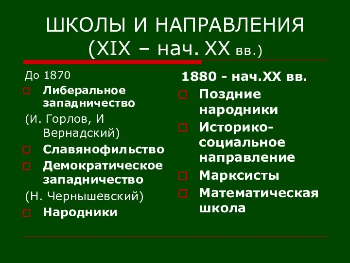 ШКОЛЫ И НАПРАВЛЕНИЯ (XIX – нач. XX вв.) До 1870 Либеральное