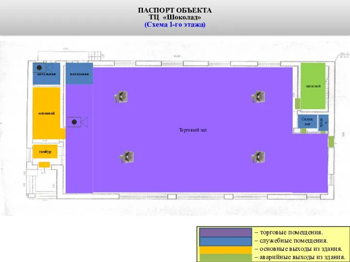 ПАСПОРТ ОБЪЕКТА ТЦ «Шоколад» (Схема 1-го этажа) котельная основной тамбур котельная запасной Складские туалет Торговый зал