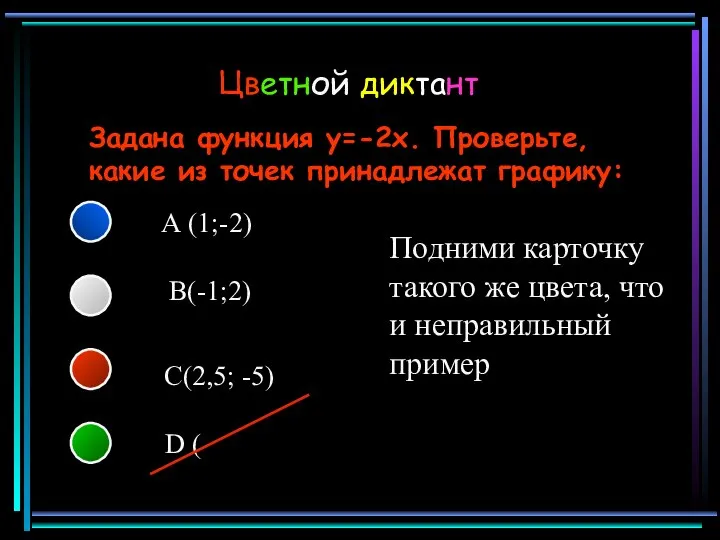 Задана функция y=-2x. Проверьте, какие из точек принадлежат графику: А (1;-2)