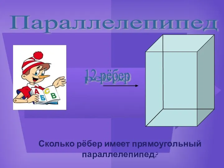 Параллелепипед ребро Сколько рёбер имеет прямоугольный параллелепипед? 12 рёбер