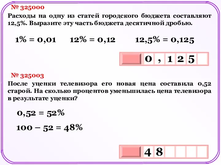 № 325000 Расходы на одну из статей городского бюджета составляют 12,5%.