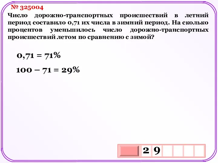 № 325004 Число дорожно-транспортных происшествий в летний период составило 0,71 их