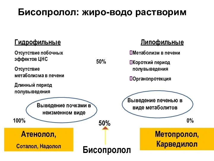 Бисопролол: жиро-водо растворим Выведение печенью в виде метаболитов Выведение почками в