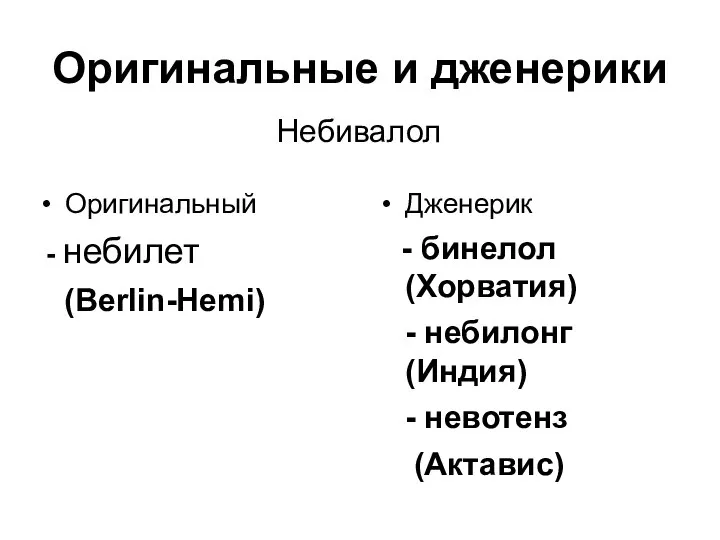 Оригинальные и дженерики Оригинальный - небилет (Berlin-Hemi) Дженерик - бинелол (Хорватия)