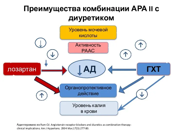 Преимущества комбинации АРА II с диуретиком АД Уровень мочевой кислоты Активность