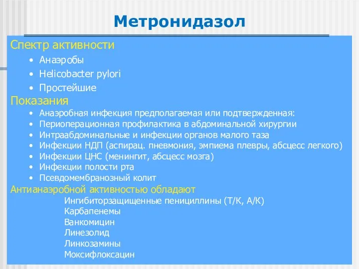 Метронидазол Спектр активности Анаэробы Helicobacter pylori Простейшие Показания Анаэробная инфекция предполагаемая