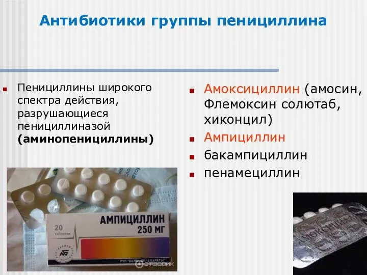 Антибиотики группы пенициллина Пенициллины широкого спектра действия, разрушающиеся пенициллиназой (аминопенициллины) Амоксициллин