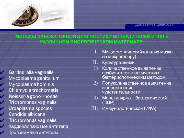 добавляет ценность диагнозу МЕТОДЫ ЛАБОРАТОРНОЙ ДИАГНОСТИКИ ВОЗБУДИТЕЛЕЙ ИППП В РАЗЛИЧНОМ БИОЛОГИЧЕСКОМ