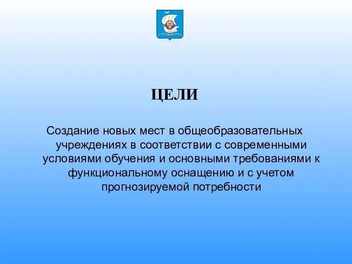 ЦЕЛИ Создание новых мест в общеобразовательных учреждениях в соответствии с современными