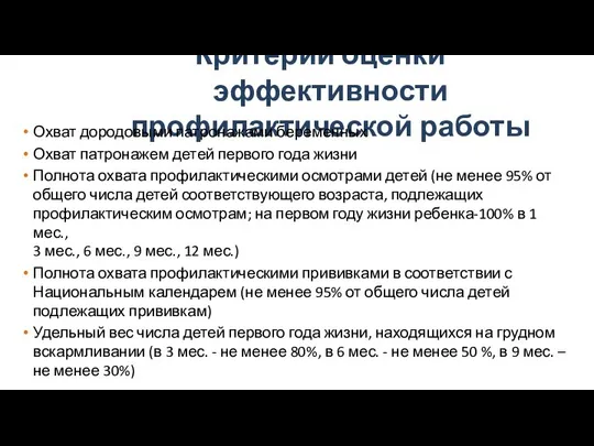 Критерии оценки эффективности профилактической работы Охват дородовыми патронажами беременных Охват патронажем