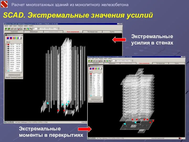 Расчет многоэтажных зданий из монолитного железобетона Экстремальные усилия в стенах SCAD.