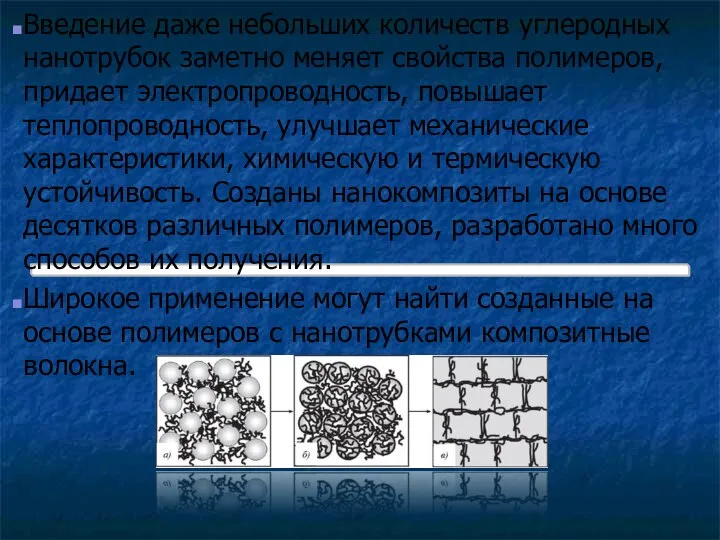 Введение даже небольших количеств углеродных нанотрубок заметно меняет свойства полимеров, придает