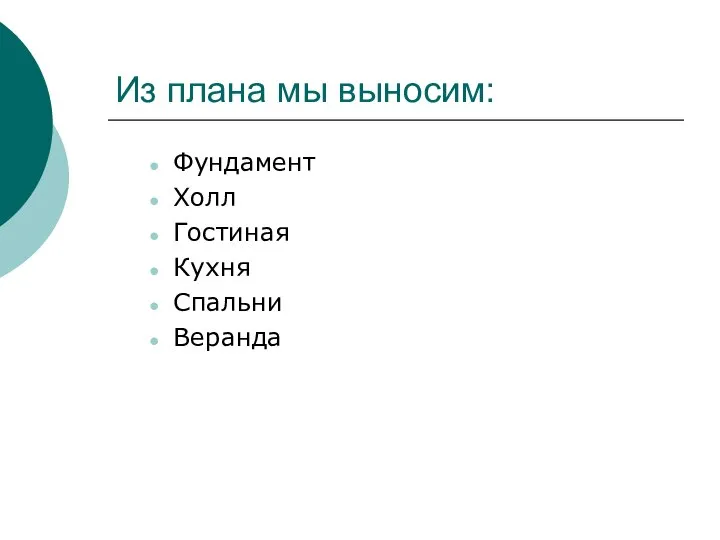 Из плана мы выносим: Фундамент Холл Гостиная Кухня Спальни Веранда