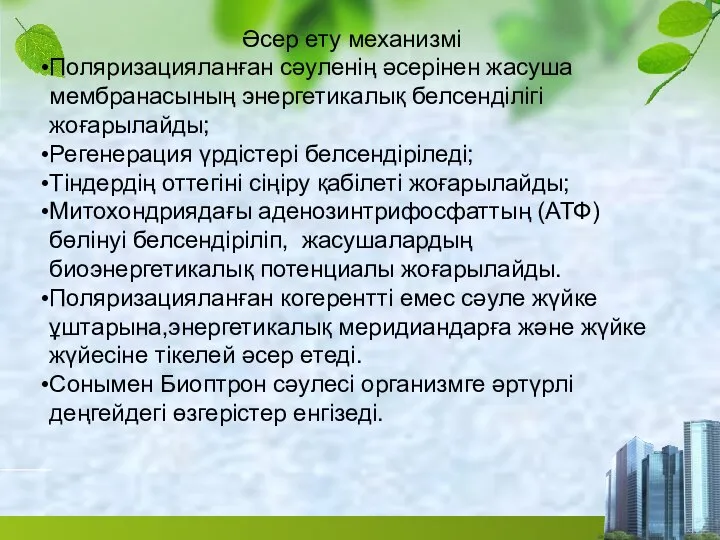 Әсер ету механизмі Поляризацияланған сәуленің әсерінен жасуша мембранасының энергетикалық белсенділігі жоғарылайды;