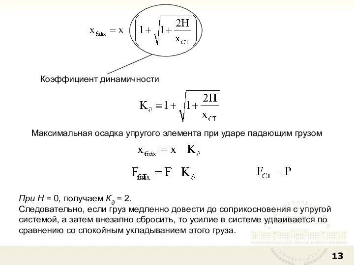 Коэффициент динамичности Максимальная осадка упругого элемента при ударе падающим грузом При