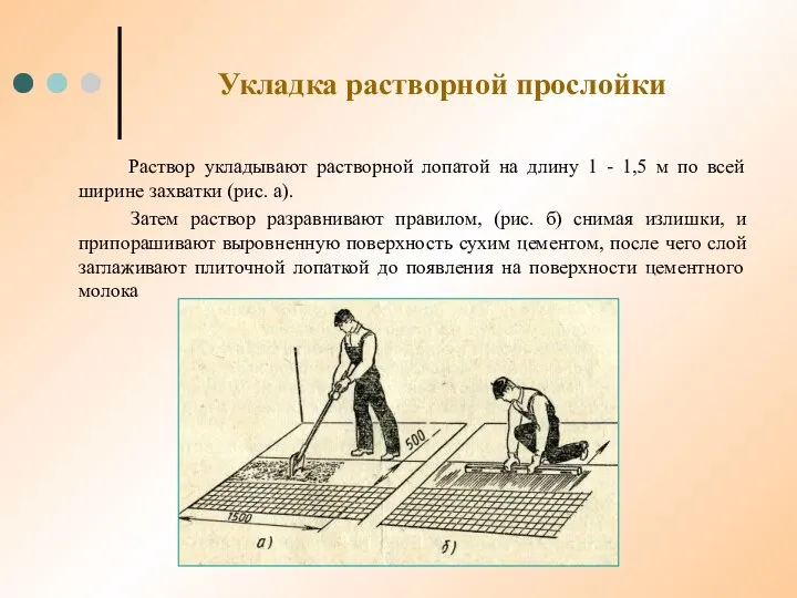 Укладка растворной прослойки Раствор укладывают растворной лопатой на длину 1 -