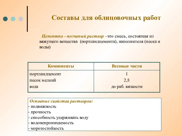 Составы для облицовочных работ Цементно - песчаный раствор –это смесь, состоящая