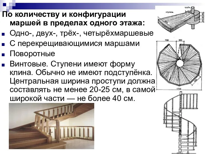 По количеству и конфигурации маршей в пределах одного этажа: Одно-, двух-,