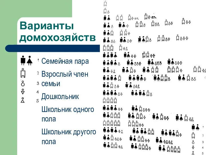 Варианты домохозяйств Семейная пара Взрослый член семьи Дошкольник Школьник одного пола Школьник другого пола