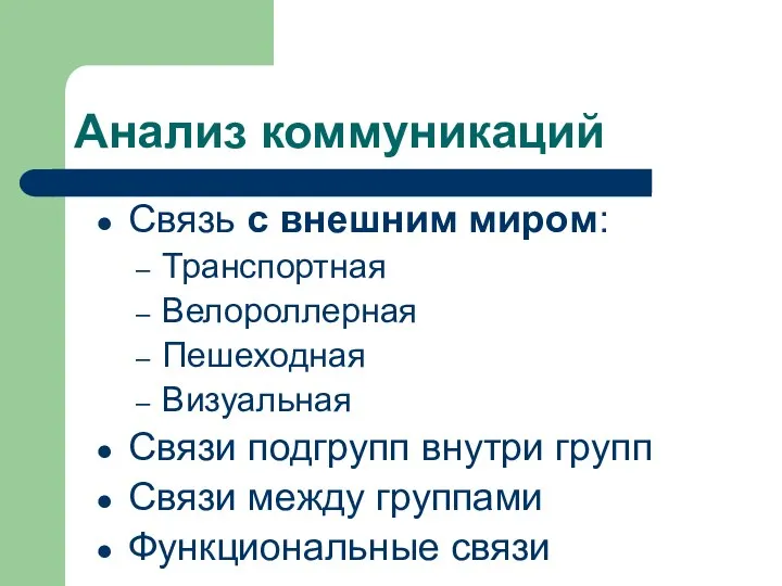 Анализ коммуникаций Связь с внешним миром: Транспортная Велороллерная Пешеходная Визуальная Связи