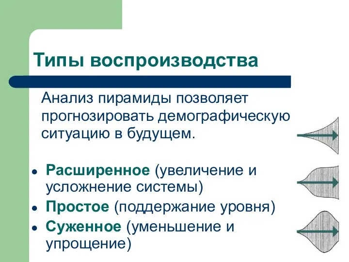 Анализ пирамиды позволяет прогнозировать демографическую ситуацию в будущем. Расширенное (увеличение и