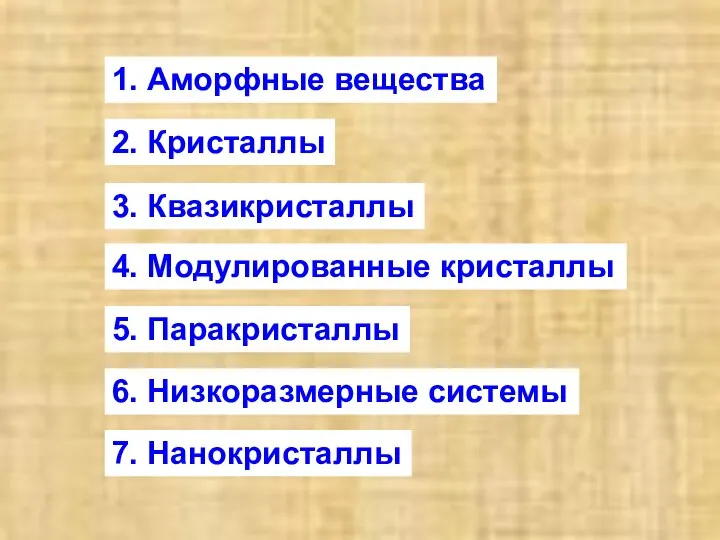 1. Аморфные вещества 2. Кристаллы 3. Квазикристаллы 4. Модулированные кристаллы 5.