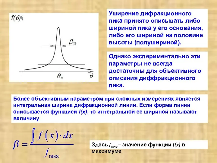 Уширение дифракционного пика принято описывать либо шириной пика у его основания,
