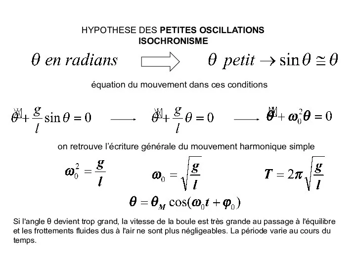 HYPOTHESE DES PETITES OSCILLATIONS ISOCHRONISME équation du mouvement dans ces conditions