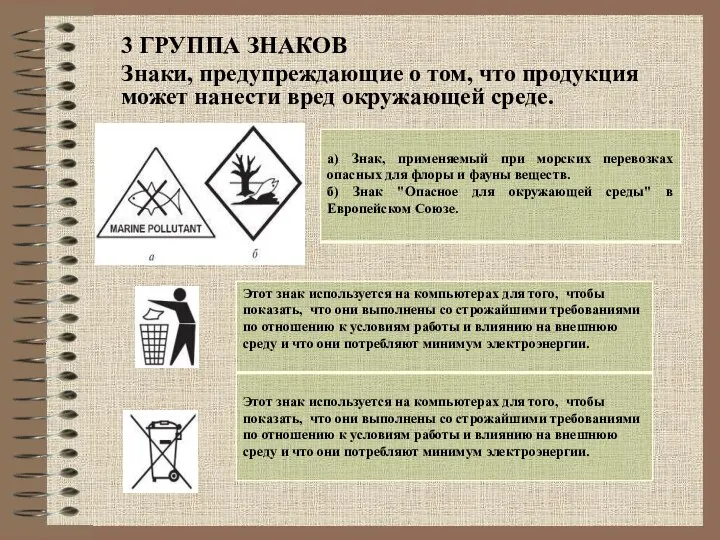 3 ГРУППА ЗНАКОВ Знаки, предупреждающие о том, что продукция может нанести вред окружающей среде.