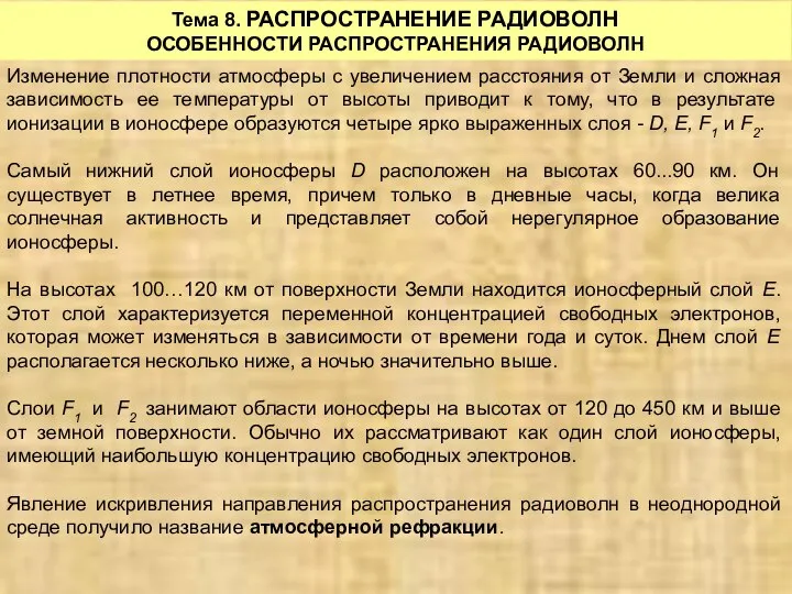 Тема 8. РАСПРОСТРАНЕНИЕ РАДИОВОЛН ОСОБЕННОСТИ РАСПРОСТРАНЕНИЯ РАДИОВОЛН Изменение плотности атмосферы с