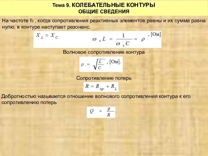 Тема 9. КОЛЕБАТЕЛЬНЫЕ КОНТУРЫ ОБЩИЕ СВЕДЕНИЯ На частоте f0 , когда