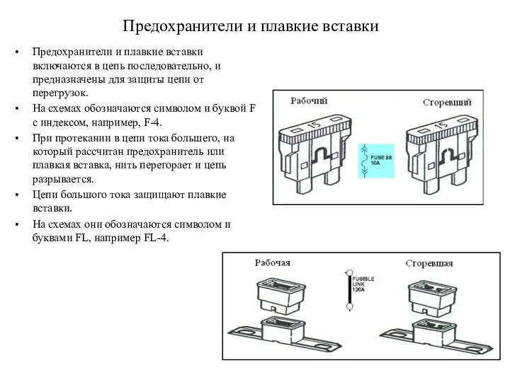 Предохранители и плавкие вставки Предохранители и плавкие вставки включаются в цепь